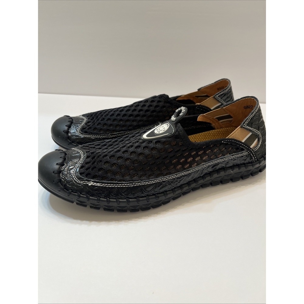 Clohoo Men's 10 Casual Shoe Black Mesh Slip On Faux Alligator Trim Stitching New